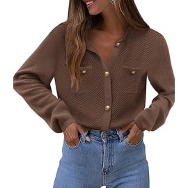Zeagoo Womens Knit Cardigan Sweaters Button Down Shirts Long Sleeve Crew Neck Ribbed Knit Blouse Open Front Work Tops Brown