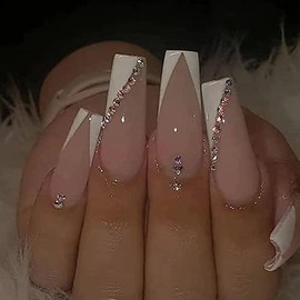DOUBNINE Press On False Nails Long Coffin Gradient French Tip Pink Rhinestones Fake Nails Acrylic Full Cover Luxury False Nails for Women