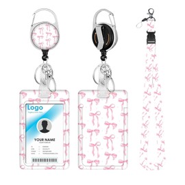 ID Card Holder with Strap Lanyard with ID Card Holder with Clip ID Badge Holder Pink Bow Design Breakaway Lanyard Retractable Robust for Women in Nursing Doctor Practice