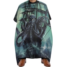 KUYT Octopus Skull Ship Professional Barber Cape,Polyester Hair Cutting Salon Cape,Water And Stain Resistant Apron,Cutting Hair Beard Hairdressing Cape Anti-Static Haircut,56.7×66.9 Inch (1 Pack)