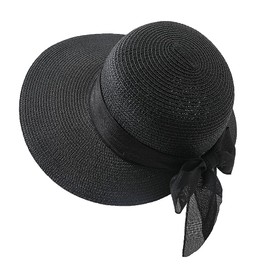 Womens Straw Sun Hat Wide Brim UV Protection Bucket Hat Foldable Packable Bowknot Visor Sun Cap Summer Outdoor Beach Cap Black