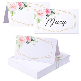 URROMA Table Place Cards, 100 Pieces Pink Flower Wedding Seat Folding Cards Seating Cards Blank Table Tent Cards for Wedding Birthday Party