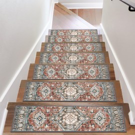 OJIA Stair Treads Non Slip for Wooden Steps Indoor 15PCS Carpet Stair Treads, Rubber Backing Stair Carpet Treads, Residue Free 8"x30" Staircase Step Treads Edging Stair Rugs for Kids & Pets, Rust Red