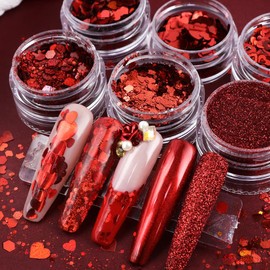 6 Boxes Red Nail Art Glitter Power Valentine’s Day Nail Sequins 3D Holographic Shiny Flakes Heart Shape Nail Decals Glitter Nail Pigment Glitter Dust for Nail DIY Craft Decoration