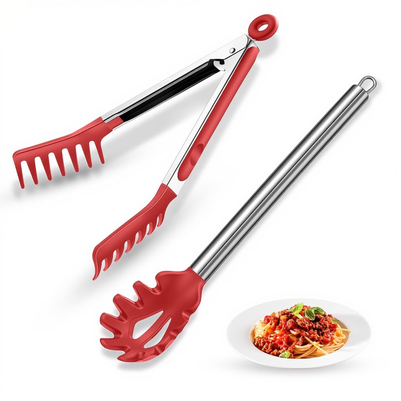 Spaghetti Spoon and Pasta Tong with Teeth and Drain Holes,