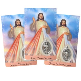 Needzo Divine Mercy Holy Prayer Card with Medal and Chaplet on The Back, Jesus I Trust in You Catholic Saints Pocket Prayers Bookmark (Pack of 3, 3 3/8 Inches)