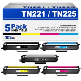 TN221 Toner Cartridges TN225 5 Pack Replacement for Brother MFC-9130cw Toner Cartridges for Brother TN221 Toner Cartridges TN225 TN221bk Work with HL-3170CDW MFC-9340CDW MFC-9330CDW HL-3140CW, TN225