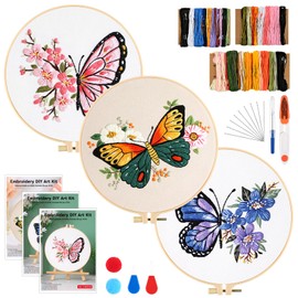 PlsMupn 3 Piece Embroidery Set for Beginners, Butterfly Embroidery Set Adults, Embroidery Kit with 2 Embroidery Hoops, Colour Threads, Scissors, Instructions, Cross Stitch Embroidery Starter Set for