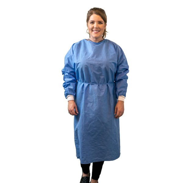 100-Pack Level 2 Disposable Isolation Gown Baluster Fully Closed Double Tie Neck and Waist, SMS 35g, Knitted Cuffs, Blue, Unisex