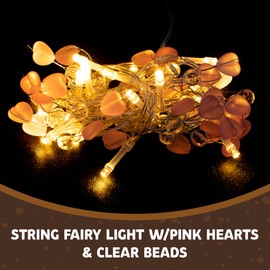 West Ivory 5 feet 20 LED String Fairy Light w/Pink Hearts & Clear Beads, Battery Powered, Valentines Gift, Holiday Decorative Indoor Outdoor Lighting, Warm White