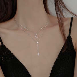 DAOSHANG Sterling silver Layered Necklaces for Women Moon and Star Pendant Multilayer Long Necklace four-pointed Star Necklace Choker Chain Adjustable Lucky Trendy Jewelry, Sterling Silver, Cubic Zirconia