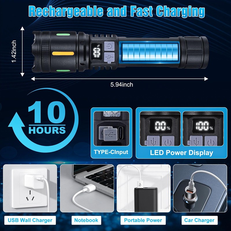 Rechargeable LED Flashlights High Lumens - 3000LM Super Bright Tactical