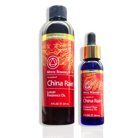 8oz and 2oz China Rain Fragrance Oil Set by Mystic Romance (Two Bottles, one with Dropper) for Ultrasonic Diffuser, Oil Burners, and Potpourri (Pack of 2, China Rain)