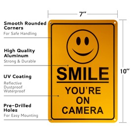 2 Pack Smile You’re on Camera Sign, Video Surveillance Private Property No Trespassing Metal Signs, Rust Free Aluminum 10 x 7 in, CCTV Security Camera Sign for Home, Business, Driveway Alert