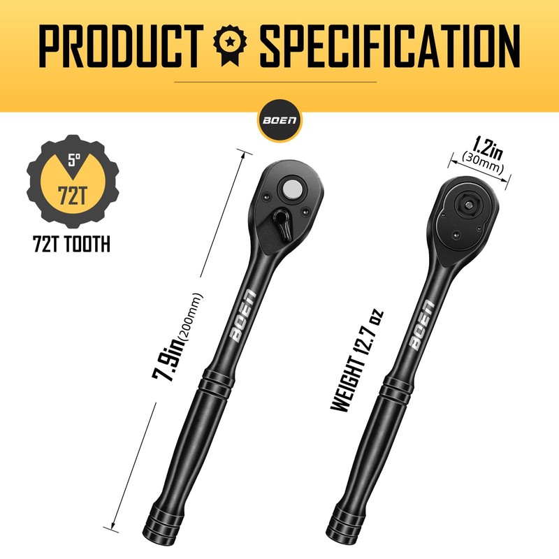 boen 3/8 Inch Drive Ratchet, 72-Tooth Quick-Release Ratchet Wrench, 5-Degree