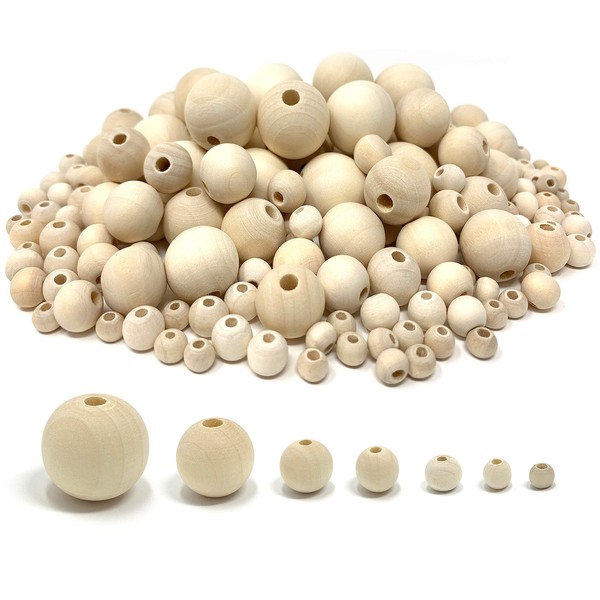 1000pcs Natural Wooden Beads, Round Wood Beads Unfinished Wooden Decorative Beads Loose Spacer Beads for Crafts Making 7 Sizes (20mm, 16mm, 14mm, 12mm,10mm, 8mm, 6mm)