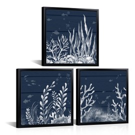 HOMEOART Navy Blue Coastal Wall Art Ocean Coral Decor Picture Funny Bathroom Wall Decor, Set of 3, Black Frame 12x12 inch