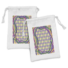 Ambesonne Mardi Gras Fabric Pouch Set of 2, Mardi Gras Celebration Beads in Vibrant Graphic Style on Diamond Line Pattern, Small Drawstring Bag for Toiletries Masks and Favors, 9" x 6", Multicolor