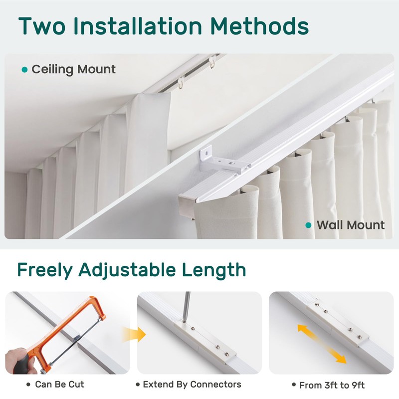 Houmiggle Silent Ceiling Curtain Track with Wall Mount, 6ft-9ft, White