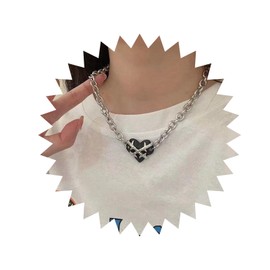 Inilbran Punk Gothic Silver Cuban Chain Choker Necklace Thick Link Chain Black Heart Chain Jewellery for Women and Girls, Zinc, No Gemstone