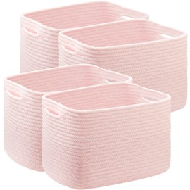 MOJOSCEND Pink Storage Bins 4 Pack Rectangular Rope Basket for Shelves for Baby Nursery Organization 12.7"Lx9"Wx7.9"H
