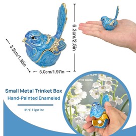 Qsabv Mini Bird Trinket Box, Vintage Metal Enameled Bird Figurine, Rings Earrings Small Jewelry Box Decorative Hand-Painted Collectible Animal Statue Gift for Girls Women, Blue