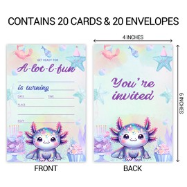 ZYQFN 20 Axolotl Birthday Party Invitations, Pink Axolotls Theme Invite Cards with Envelopes, 4x6 Inch Fun Birthday Invites for Girls and Boys. (078)