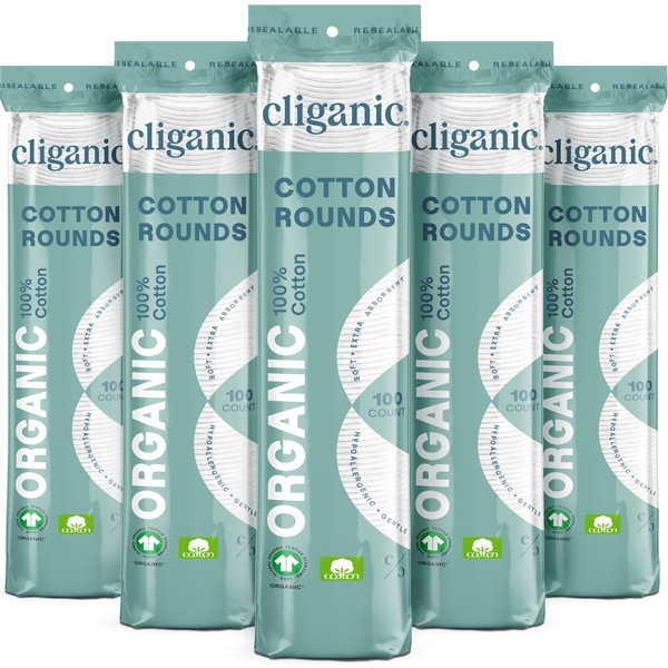Cliganic Organic Cotton Rounds (500 Count) Makeup Remover Pads, Hypoallergenic, Lint-Free | 100% Pure Cotton (Packaging May Vary)