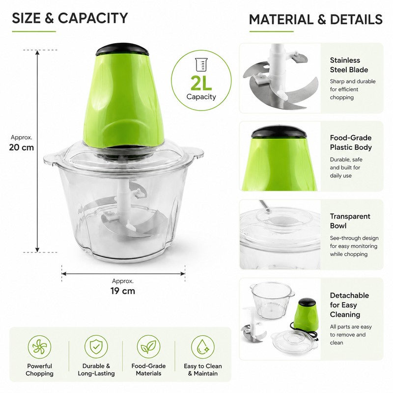 2L Electric Food Chopper for Meal Prep – Stainless Steel