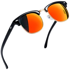 Joopin Semi-Rimless Polarised Sunglasses for Men, UV400 Protection Classic Horn Rimmed Half Frame Womens Sunglasses (Black Red)