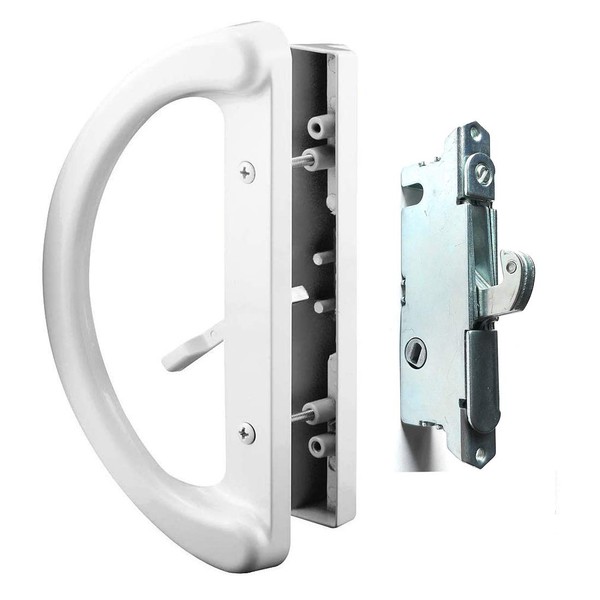Patio Door Handle Set + Mortise Lock 45° Perfect Replacement for Sliding Glass Door Fits 3-15/16” Screw Hole Spacing, Non-keyed with Latch Locks,White Diecast,Reversible Design(Non-Handed)