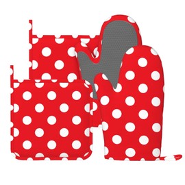 Red and White Polka Dot Oven Mitts and Pot Holders Sets of 4, Heat Resistant Silicone Oven Mittens and Potholders Gloves Hot Pads for Kitchen Cooking Baking Grilling BBQ Chef