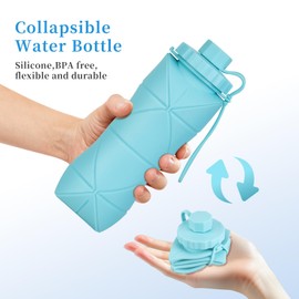YCT Collapsible Silicone Travel Water Bottle 20oz (600ml), Reuseable Leakproof BPA Free Foldable Sports Bottle, with Carrying Strap, Dark Gray + Purple