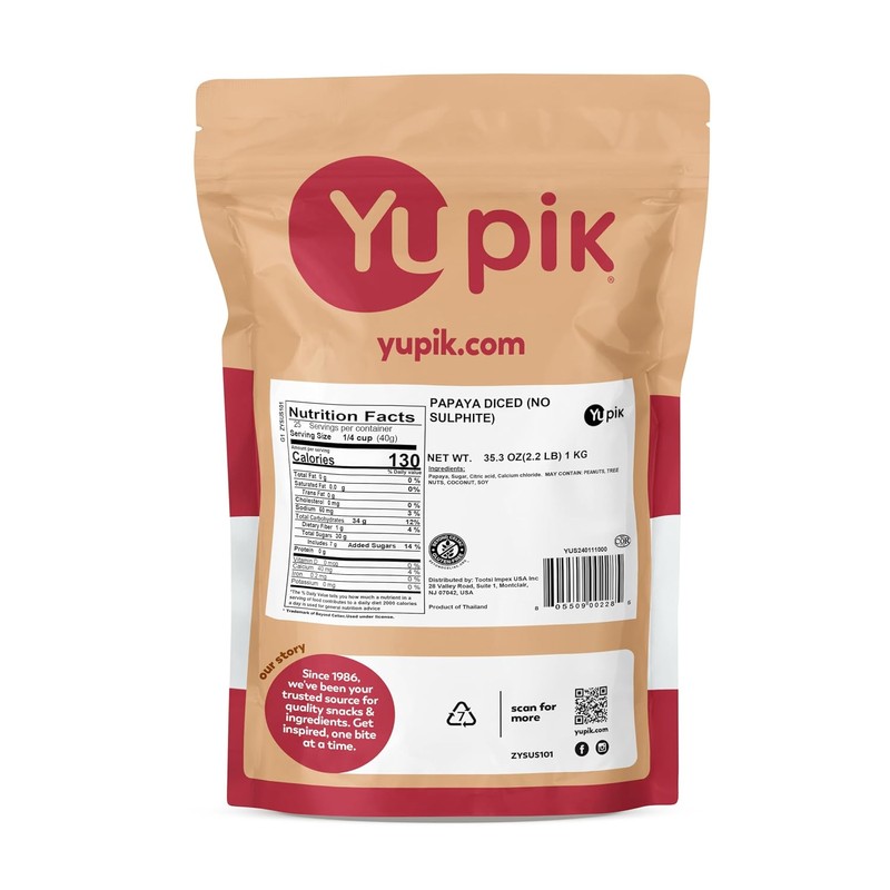 Yupik Dried Papaya, Diced, 2.2 lb (35.2 oz), Gluten-Free, Vegan,