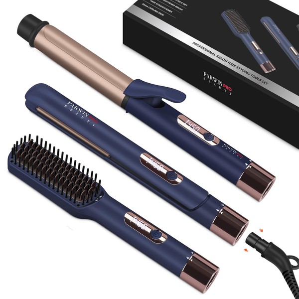Hair Straightener and Curler, PARWIN PRO BEAUTY 1'' Flat Iron, 1.25'' Curling Iron Hair Straightener Brush with Detachable Power Cord, LED Temp Control Instant Heat Up for Gift Travel, Prussian Blue