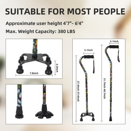 YOKABOZE Walking Cane for Women & Men, Folding Offset Quad Cane with 4 Pronged Base for Extra Stability and Balance, Adjustable Aluminum Walking Stick for Seniors