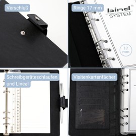 bind 16801 Diary with Ring Mechanism DIN A6, Organiser Made of Imitation Leather, System Planner in Black, Calendar with 3 Business Card Compartments, Pen Loop, Appointment Calendar with System 1 Week