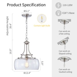 WUZUPS Chandelier Rustic Farmhouse Industrial Round Ceiling Pendant LED Light Fixture Clear Seeded Glass Shade for Dining Room Kitchen Island Foyer Entryway, H 17" x W 13.4", E26 Base, Brushed Nickel