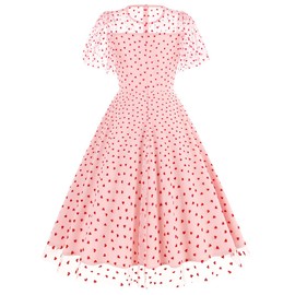 1950s Dresses for Women Valentines Day Dress Mesh Wedding Guest Dresses Womens Fall Summer Valentines Day Outfit Women Heart Print Embroidery Holiday Dress Pink Flutter Sleeve Heart Dress a L