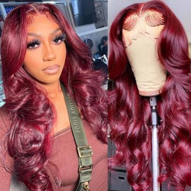 13X6 99j Burgundy Lace Front Wigs Human Hair，200% Density 99j HD Lace Front Wigs Red Colored Body Wave Human Hair Wigs 22inch