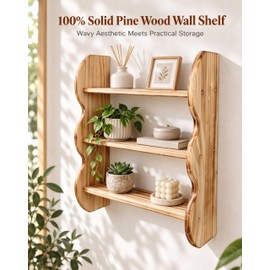 100% Solid Wood 3-Tier Wall Shelf, Rustic Pine, Caramel Finish