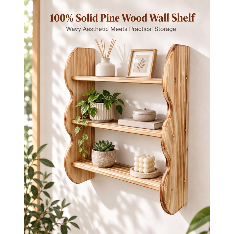 100% Solid Wood 3-Tier Wall Shelf, Rustic Pine, Caramel Finish