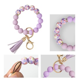 Keychain Bracelet Wristlet with Wallet Card Holder Pocket, Flower Tassel Purse Silicone Key Ring for Women