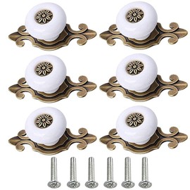 POFET 6 Round Ceramic Knobs for Dresser Drawer Cupboard Vintage Door Handle Ceramic Furniture Handles for Kitchen Wardrobe Cupboard Kids Room Decorative - White