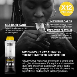 GEL50 Energy Gels by Styrkr - 50g of Carbs - Pack of 12 Citrus Flavoured Energy Gels for Cycling & Running - Approved by Endurance Athletes - Advanced Dual-Carb Formulation - GEL50 Citrus 12x Pack