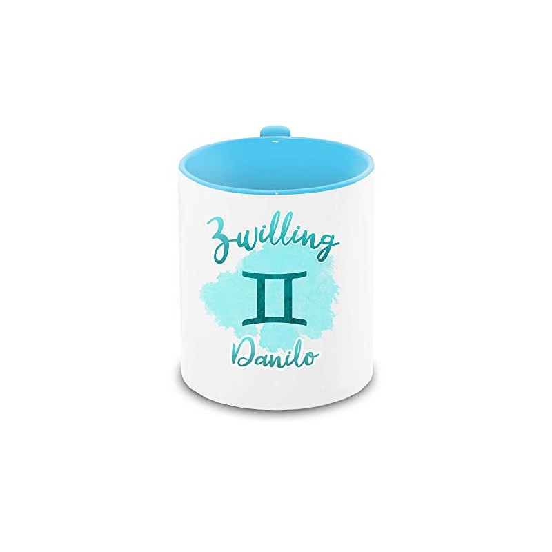 Tasse mit Namen Danilo und Sternzeichen-Motiv Zwilling im Lettering-Stil |