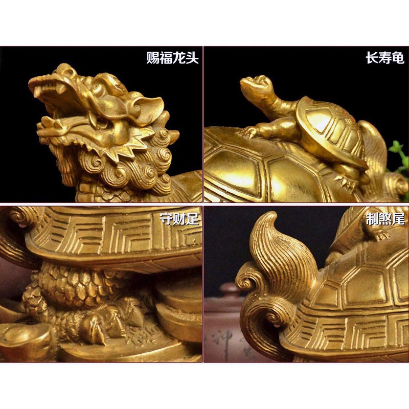 Feng Shui Brass Dragon Turtle Statue Wealth Prosperity Sculpture with