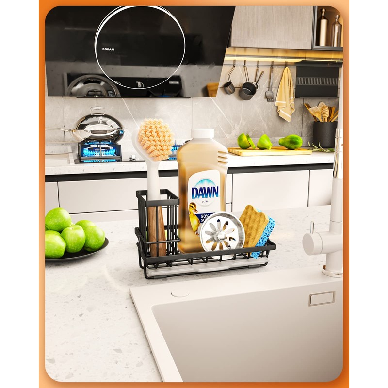 SWTYMIKI Kitchen Sink Caddy, Detachable Dish Brush Holder+Drain Tray, Sponge