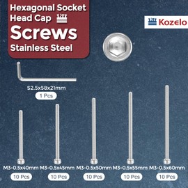 Kozelo 50pcs M3 Socket Head Cap Screws Bolts Nuts Assortment Kit - [M3x40/45/50/55/60mm] 304 Stainless Steel Allen Socket Drive for 3D Printer with Allen Wrench