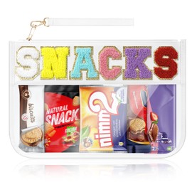 WOPIPAL Snack Bag for Travel & Makeup - Clear Chenille Letter Zipper Pouch, Waterproof Cosmetic Tote Bag for Women & Girls (White)